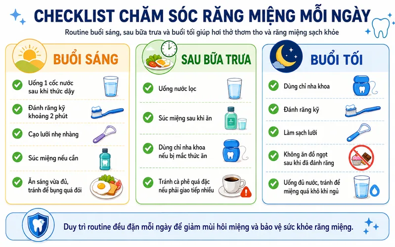 Routine chăm sóc răng miệng hằng ngày gồm đánh răng, dùng chỉ nha khoa, cạo lưỡi, uống nước và súc miệng đúng cách giúp duy trì hơi thở thơm tho hơn.