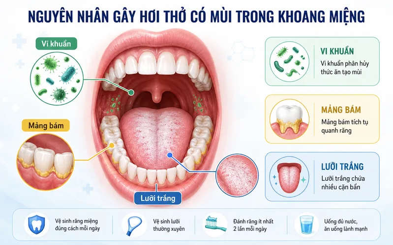 Các nguyên nhân phổ biến gây hơi thở có mùi bao gồm vệ sinh răng miệng chưa kỹ, lưỡi bẩn, khô miệng, bệnh nướu, thực phẩm nặng mùi và hút thuốc lá.