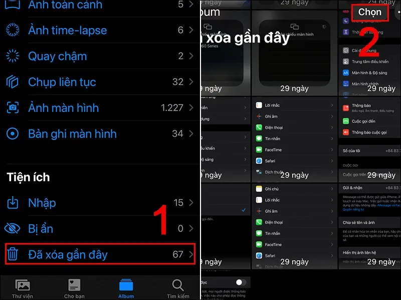 Nút Khôi phục cho phép đưa ảnh trở lại thư viện nếu nội dung chưa bị xóa hoàn toàn.